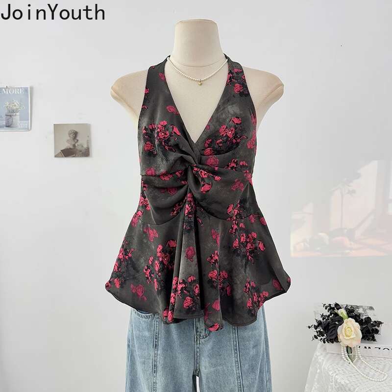 Floral Woman Tanks Folds Backless Sexy Tees 2025 Ropa Mujer Ruffles Summer Camis Fashion Slim Fit Vest Y2k Tops Women Clothing