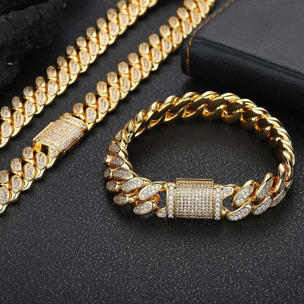 Hip Hop Zircon Necklace 12mm Flip Clasp Double Row Full Dia Cuban Chain Trendy Brand Personality Men's Bracelet bb8e