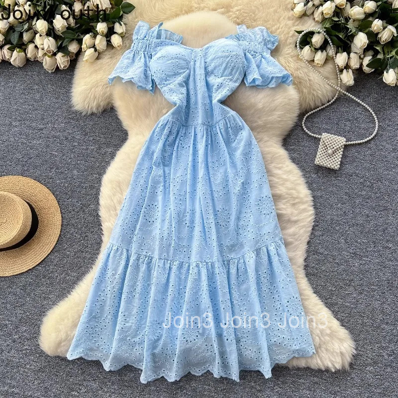Women Clothing Summer Dresses Slash Neck Slim Waist A-line Robe Femme Temperament Robe Femme Hollow Out Embroidery Sweet Dress