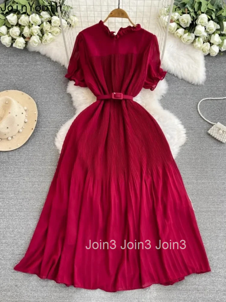 Elegant Vintage O-neck Chiffon Dresses Summer New Black Dress for Women Y2k Mid-length Slim Waist Korean Vestidos De Mujer 2025