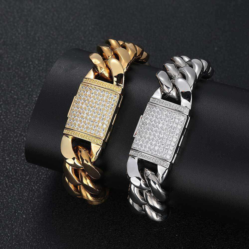 Jewelry Stainless Steel Miami Hip Hop Cuban Chain Zircon Flip Clasp Men's Necklace Bracelet 8c01