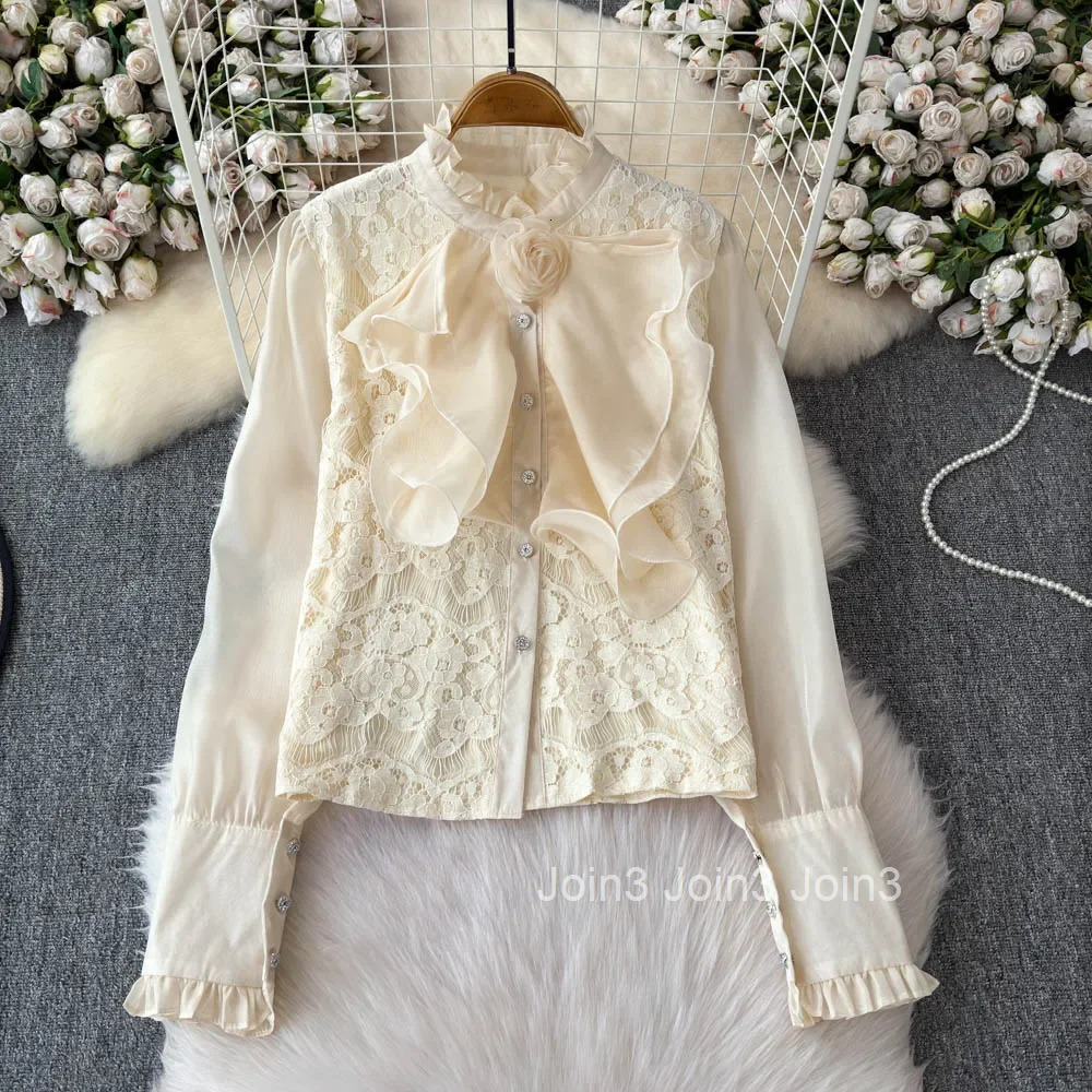 2025 Camisas De Mujer Lace Blouses for Women Stand Neck 3D Floral Shirts Temperament Lady Tops Sweet Ruffles Vintage Chic Blouse
