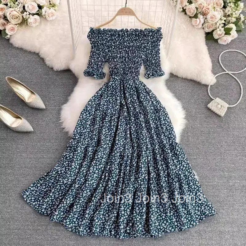Summer Woman Dress Vestidos De Mujer Slim Waist Short Sleeve Big Swing Robe Femme Slash Neck Folds Floral Chiffon Maxi Dresses