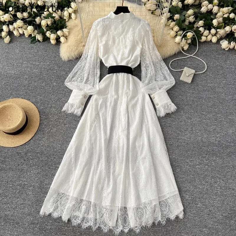 Single Breasted Vintage Woman Dress Slim Waist Robe Femme Patchwork Lace Lantern Sleeve Stand Neck Maxi Dresses Vestido Femme