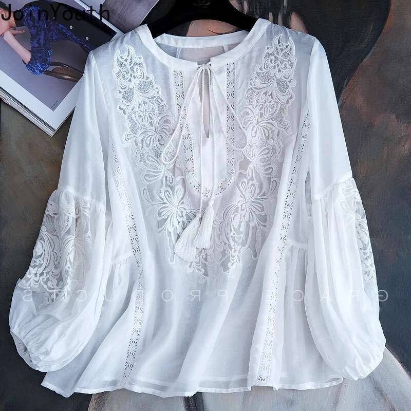 Blusas Mujer De Moda 2025 Summer Elegant Blouses Womens Clothing Embroidery Lantern Sleeve Shirts Loose Lace White Tops Femme