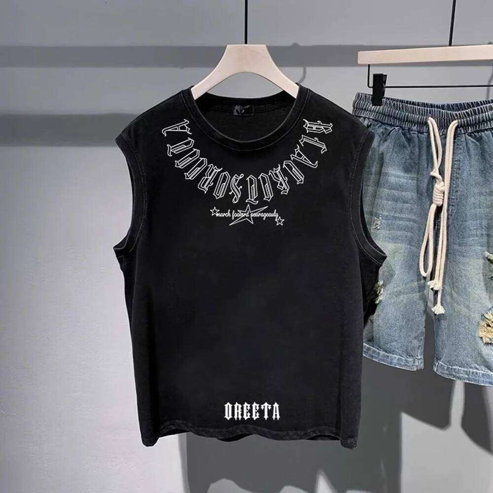Mens Vest Cotton Trendy Letters Print Chic Tank American High Street Fashionable Sports Casual Sleeveless Tops Summer New