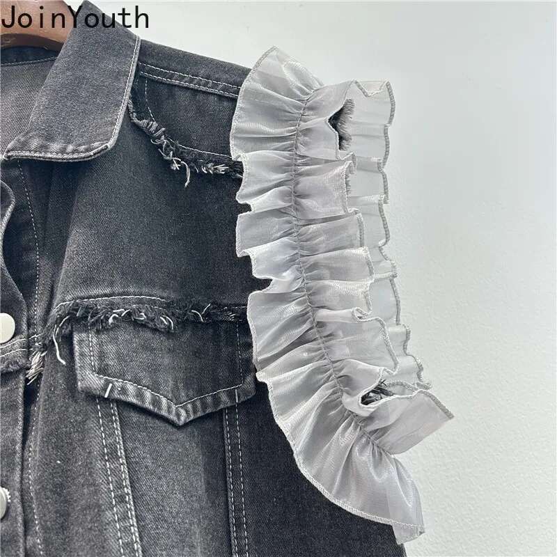 Patchwork Ruffles Denim Vests Womens Clothes 2025 Ropa Mujer Crop Tops Fashion Waistcoat Casual Korean Summer Tassel Y2k Tanks