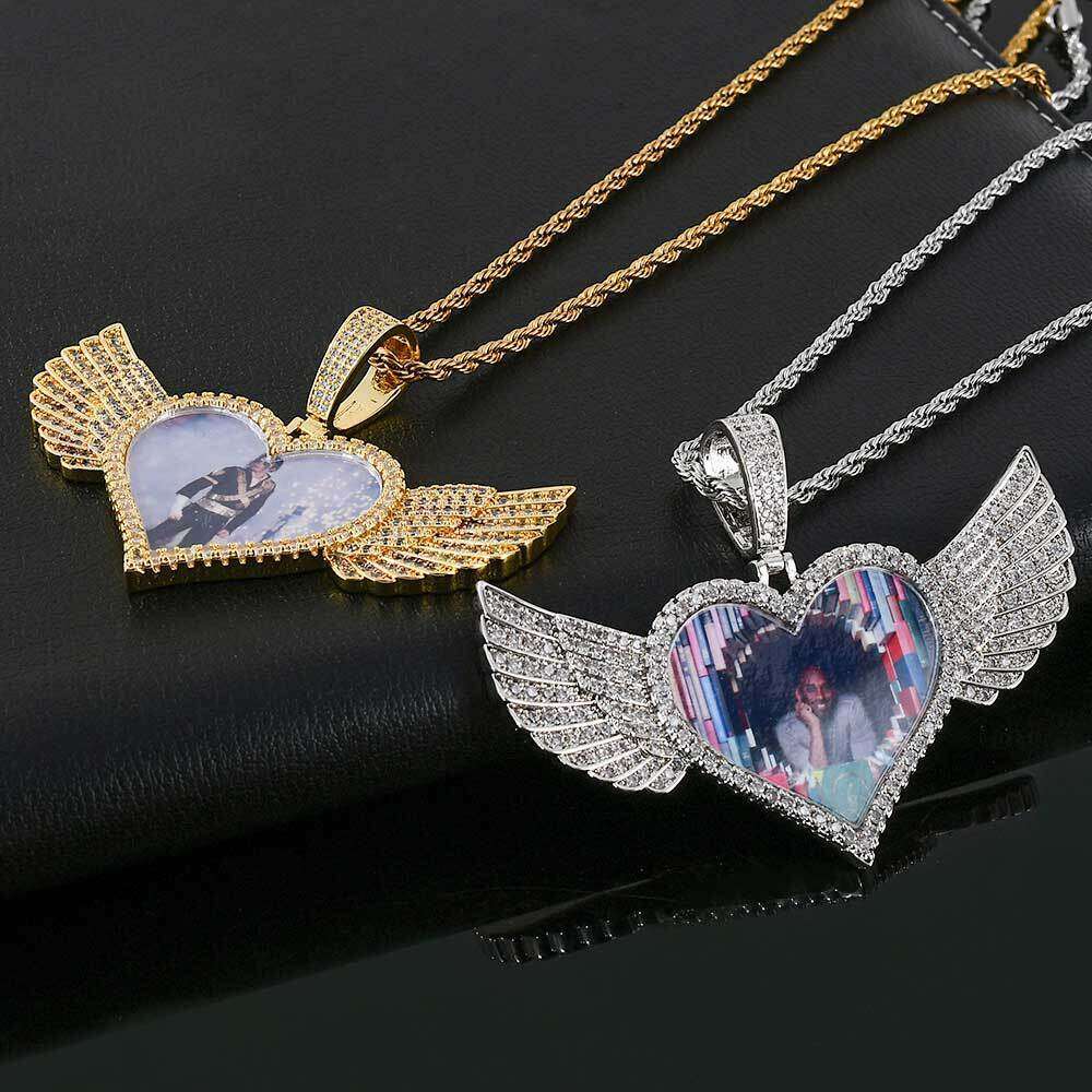 Hot Selling Hip-Hop Pendant Copper Inlaid Dia Heart Wings Zircon Solid Memory Photo Frame Necklace 4fbc