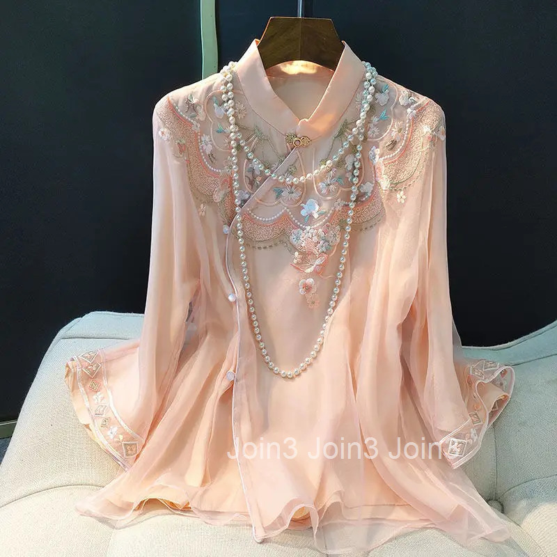 Chinese Style Blouses Embroidered Womens Clothing Spring New Retro Tops Stand Collar Temperament Shirts 2025 Blusas De Mujer