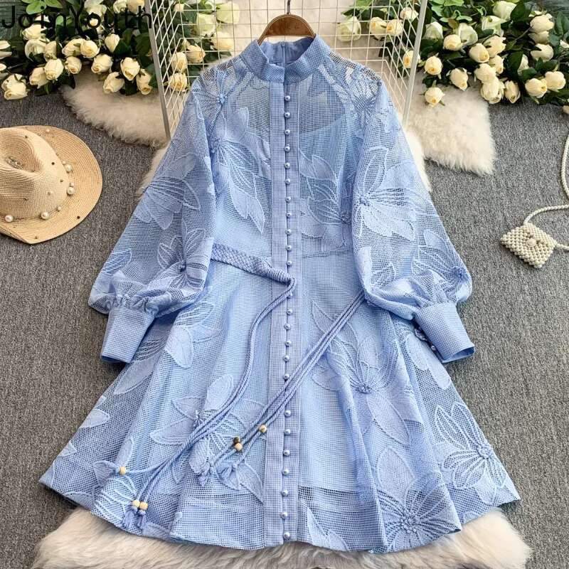 2025 Vestidos De Mujer Embroidery Dresses for Women Stand Neck Lantern Sleeve Single Breasted Robe Femme Fashion Summer Dress