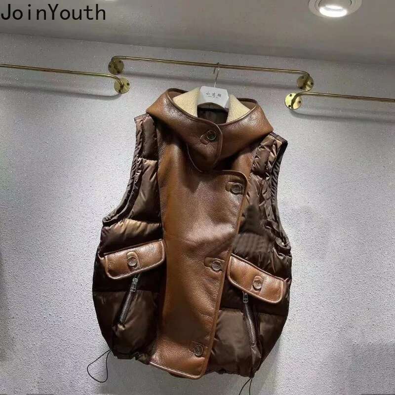 Vest Women Streetwear Fashion Sleeveless Cardigan Womens Lamb Wool Patchwork Leather Waistcoat Y2k Tops Chalecos Para Mujer