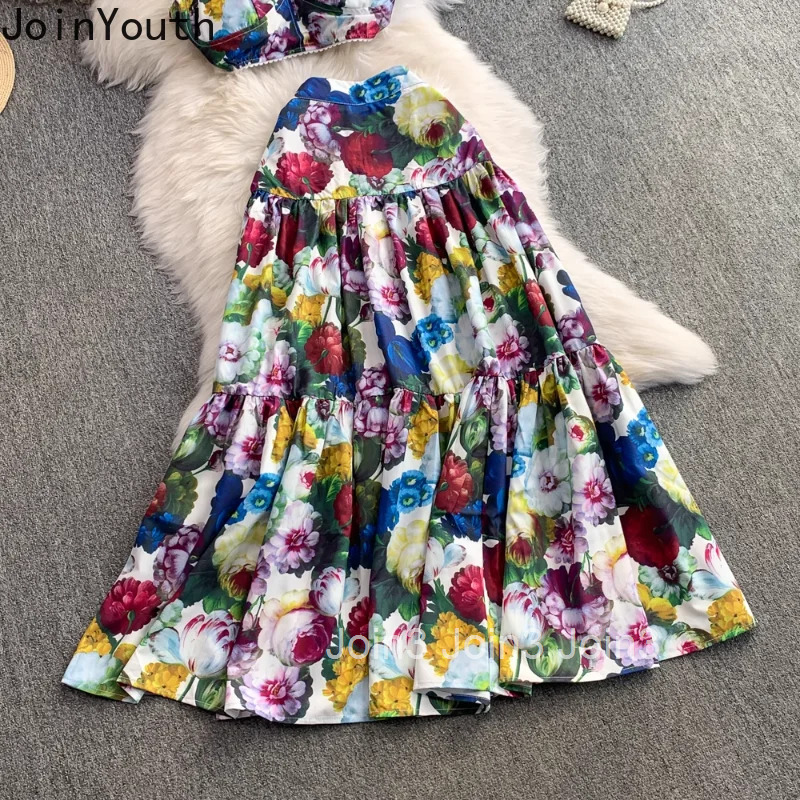 Skirt Outfits Women Clothing Summer 2 Piece Sets Sexy Tunic Crop Tops High Waist A-line Big Swing Skirts Suit Sweet Floral Set