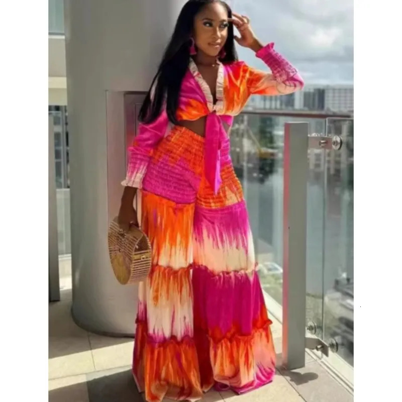Fashion Womens Set Printed Tie Up Hem Long Sleeve Shirt Wide Leg Pants 2025 Beach Summer Two 2 Pieces Set Outfits Tracksuit 250617
