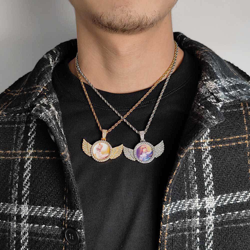 Hip Hop Memory Small Round Photo Angel Wings Frame Pendant Micro Paved Zircon Men's Necklace 675e