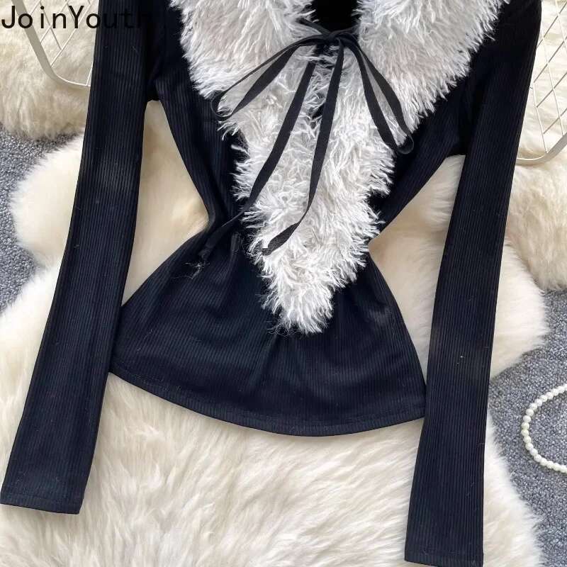 Furry V-neck Tshirts 2025 Women Clothing Tunic Long Sleeve Tees Bandage Solid Color Tees Y2k Tops Korean Fashion Sexy T-shirt