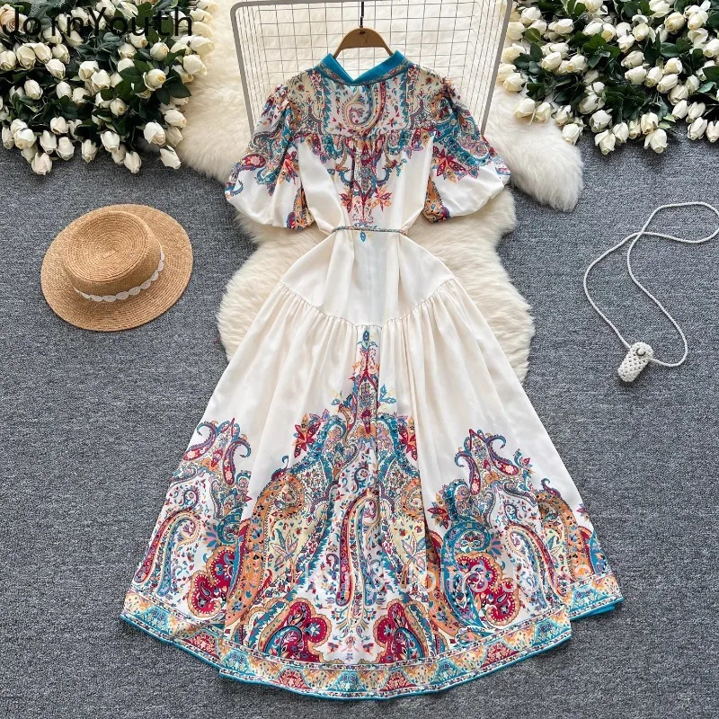 2025 Vestidos De Mujer Floral Short Sleeve Dresses Women Slim Waist Single Breasted A-line Robe Femme Vintage Summer Maxi Dress