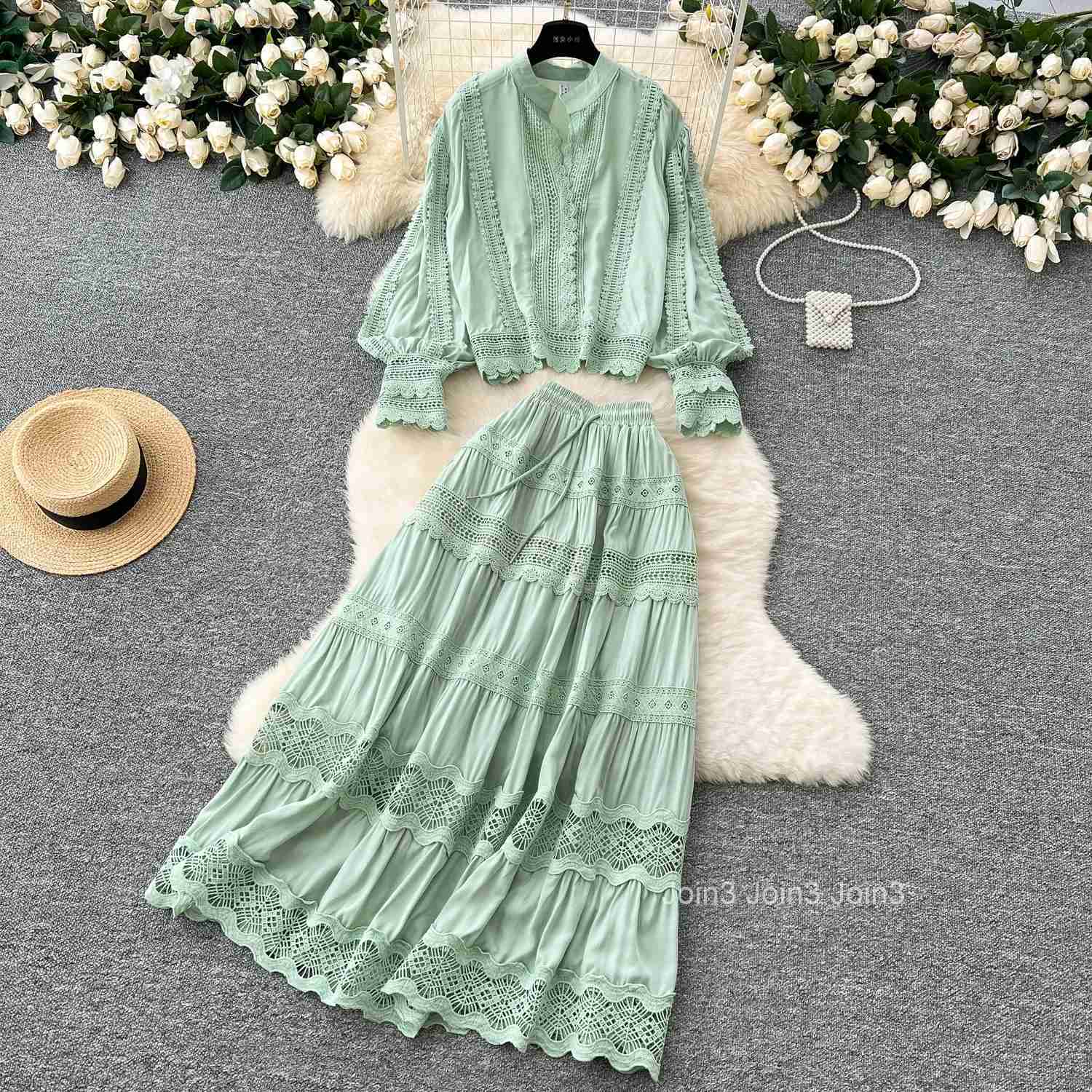 Women Clothing Vintage 2 Piece Set Patchwork Lace Stand Neck Shirt High Waist A-line Loose Skirt Outfits Hollow Out Vintage Suit