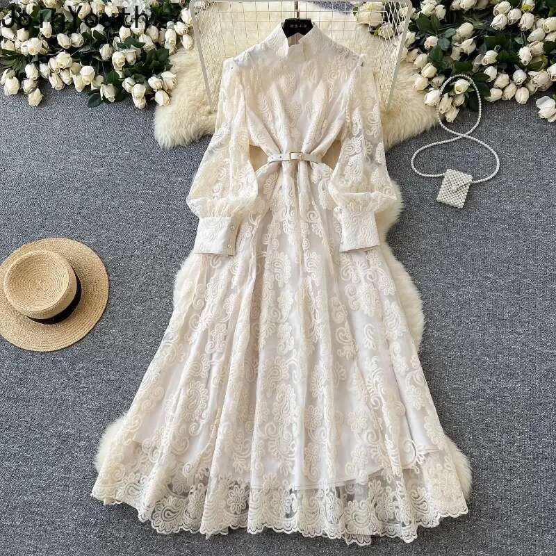 2025 Vestidos De Mujer Maxi Dresses Women Lantern Sleeve Stand Neck Temperament Robe Femme Lace Gauze Embroidery Elegant Dress