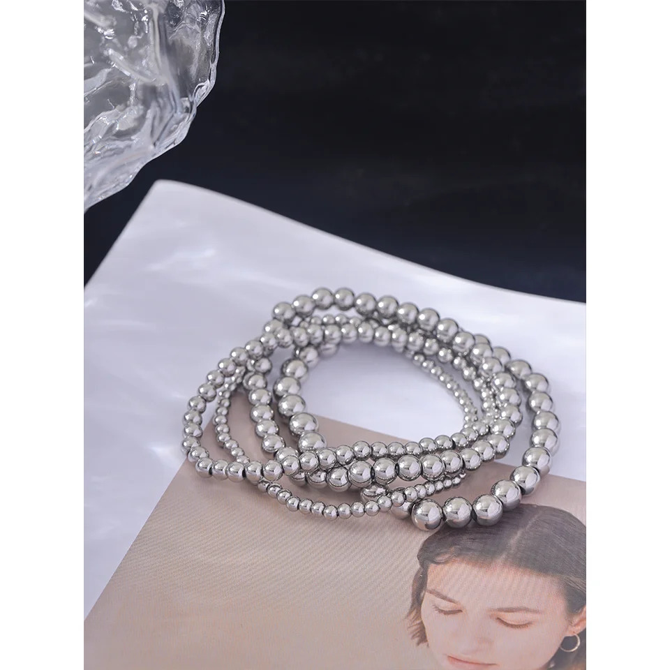 Yhpup 3456 MM Stainless Steel Beads Daily Handmade Elastic Bracelet Bangle Waterproof Wrist Wholesale Gold Color Jewelry Men 250606