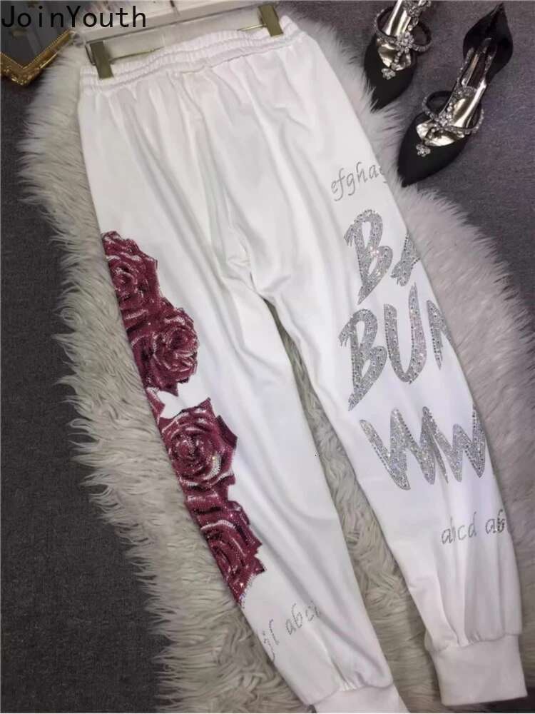Streetwear Chic Pants for Women 2025 New Bottoms Heavy Diamond Letter Floral High Waist Trousers Korean Harajuku Y2k Harem Pants