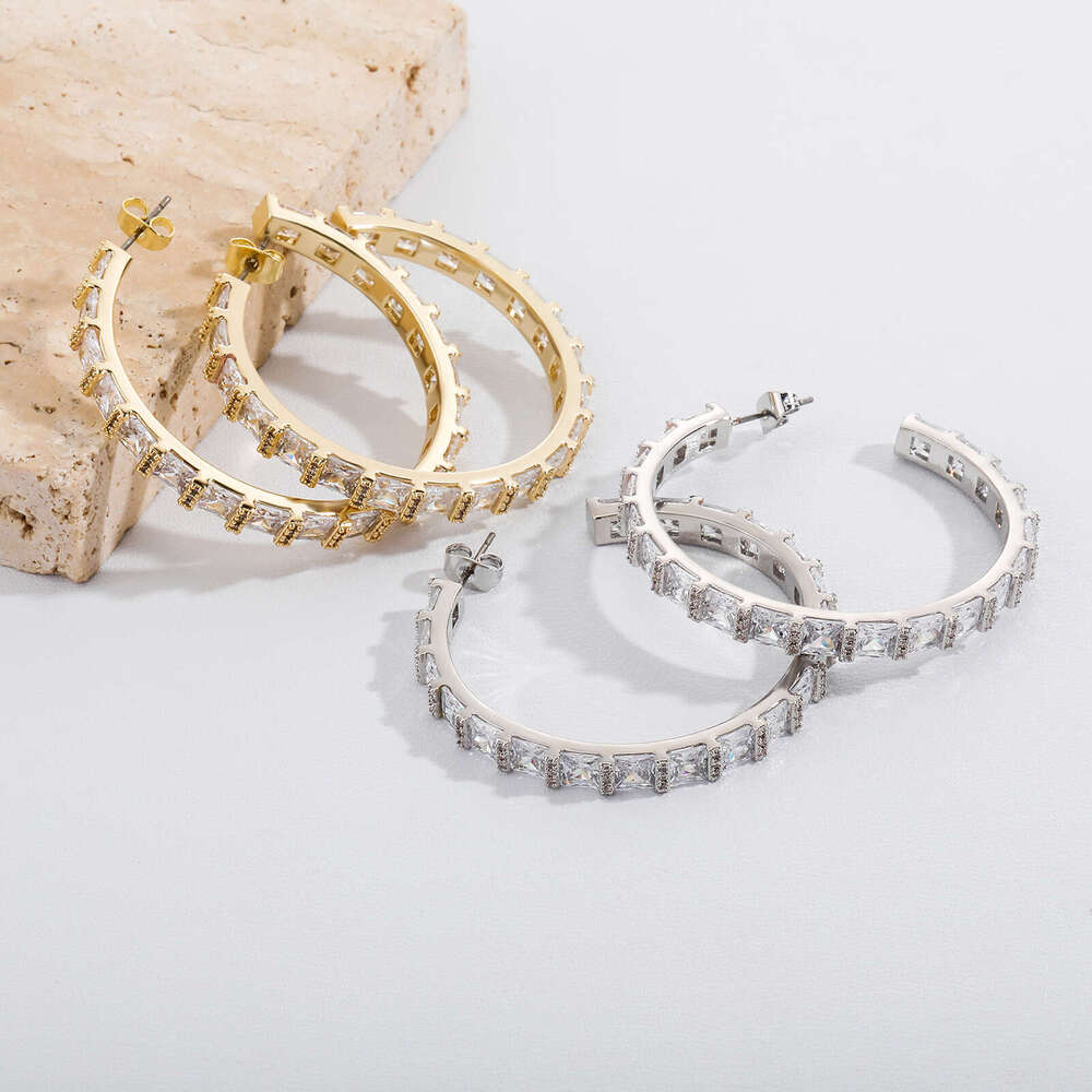 Star Style C-Shaped Simple Super Shiny Square Dia Elegant Trendy Hoop Fashion Socialite Gold Australian Earrings
