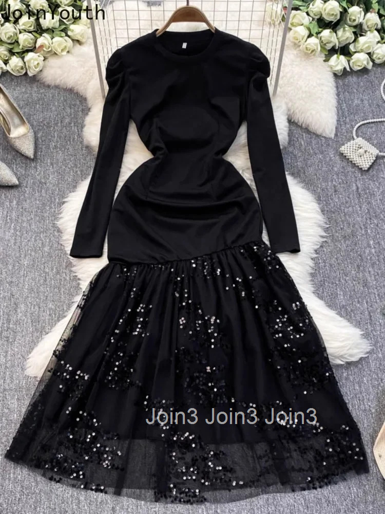 2025 Vestidos De Mujer Gauze Patchwork Sequin Knitted Dresses Tunic Temperament Robe Femme Contrast Color Bodycon Party Dress