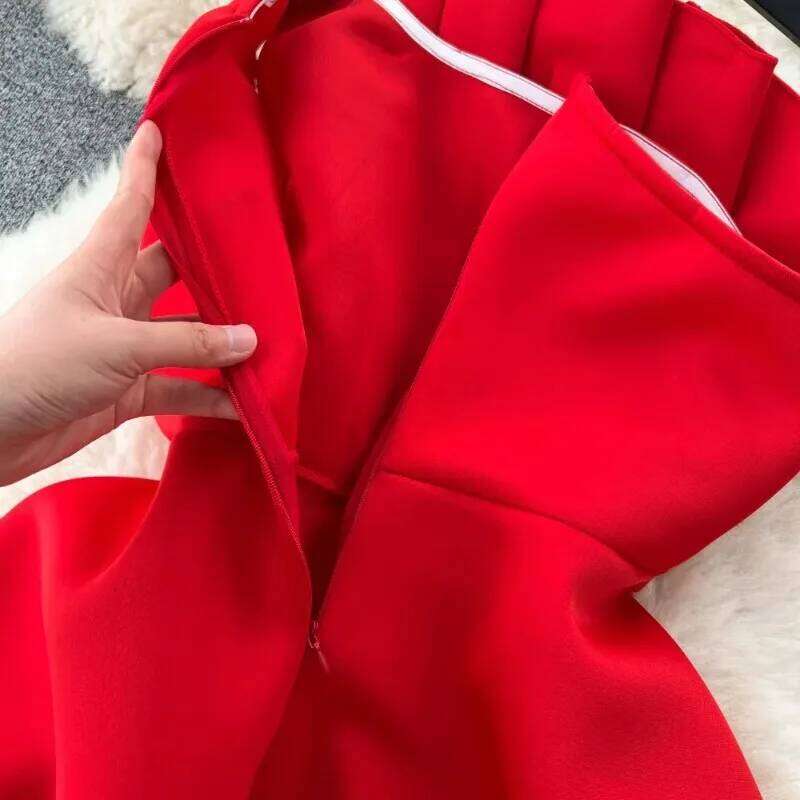 Chic One Shoulder Pleated Sleeveless Solid A-Line High Waist Evening Party Strapless Dress Women Summer Vestidos Clothing