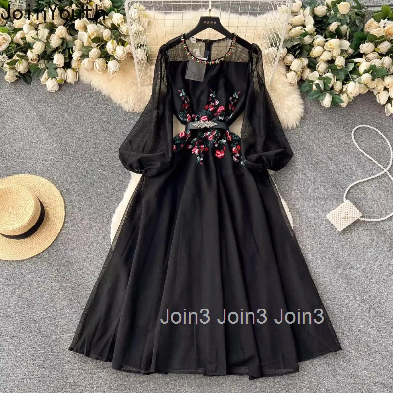 2025 Vestidos De Mujer Embroidery Maxi Dress Women Clothing O-neck Beading Slim Waist Robe Femme Chic Vintage Summer Dresses