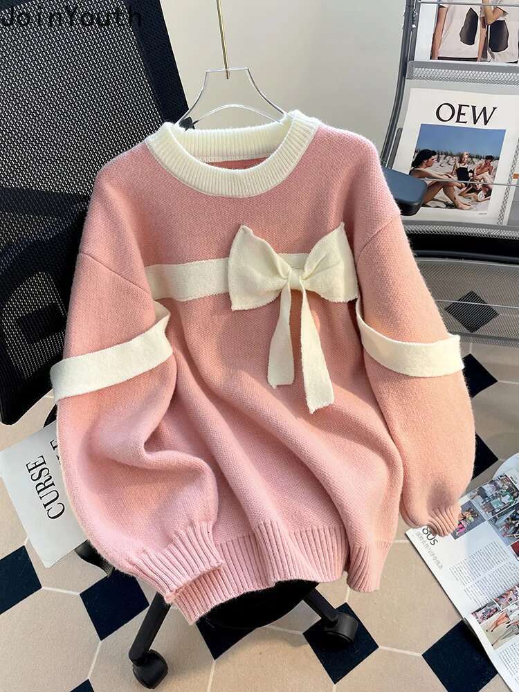 Sweet Sweater Tops Women Clothing Bandage Bow Red Jumper Sueter Mujer O-neck Long Sleeve Knitwear Oversized Pullovers Pull Femme