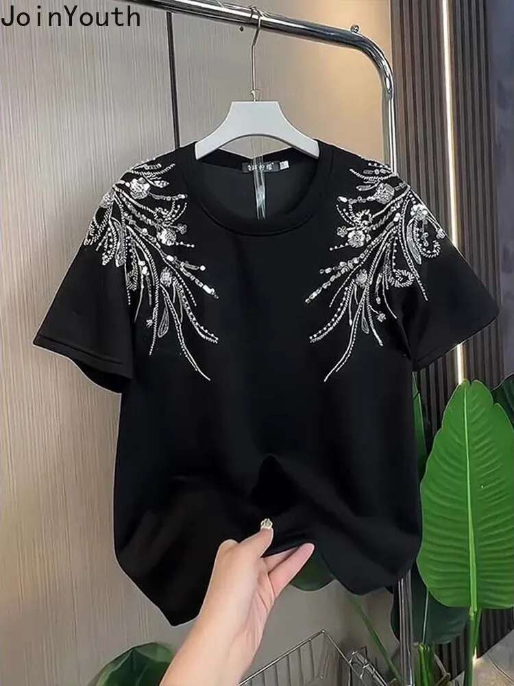 2025 Ropa Mujer White Tshirts for Women O-neck Short Sleeve Tees Fashion Sequin Diamond Camisetas Loose Casual Summer T-shirt