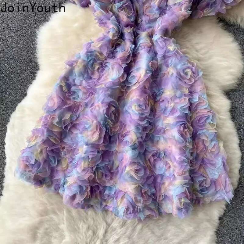 Woman Dress 2025 Vestidos De Mujer Puff Sleeve Square Collar A-line 3D Floral Temperament Robe Femme Sweet Summer Mini Dresses