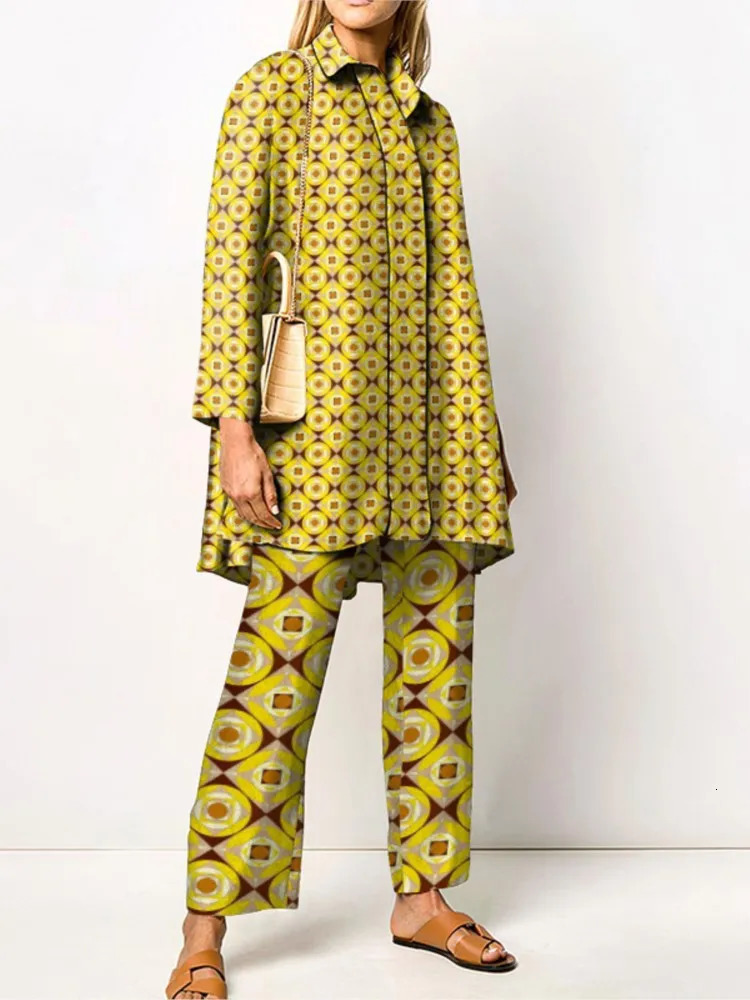 Autumn Vintage Printed Pant Sets Women Long Shirts And Wide Legs Trousers Two Piece Set Fashion Trendy Streetwear Lady Suits 250617