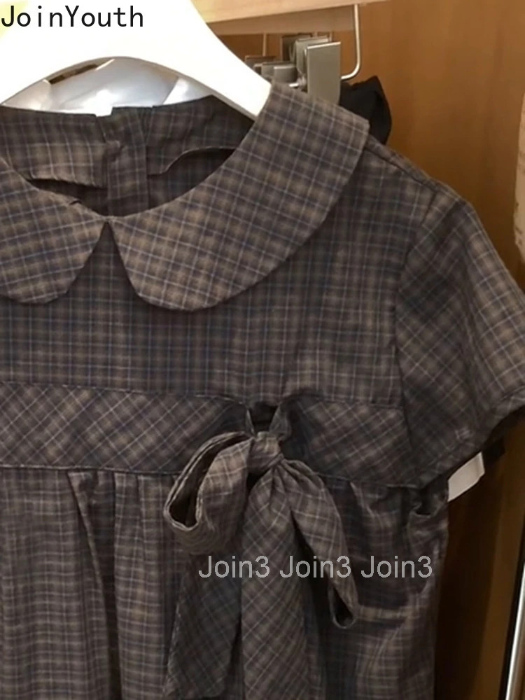 Sweet Women Shirts 2025 Blusas Mujer De Moda Bandage Peter Pan Collar Short Sleeve Blouses Vintage Plaid Bow Summer Blouse Tops