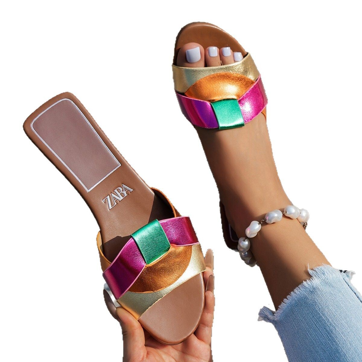 Luxury Brand Designer Shoes Sandals Plus Size Flat Trendy Indoor And Outdoor One-Strap Slippers For Women 2025 New Foreign Trade Cross Solid Color Fas