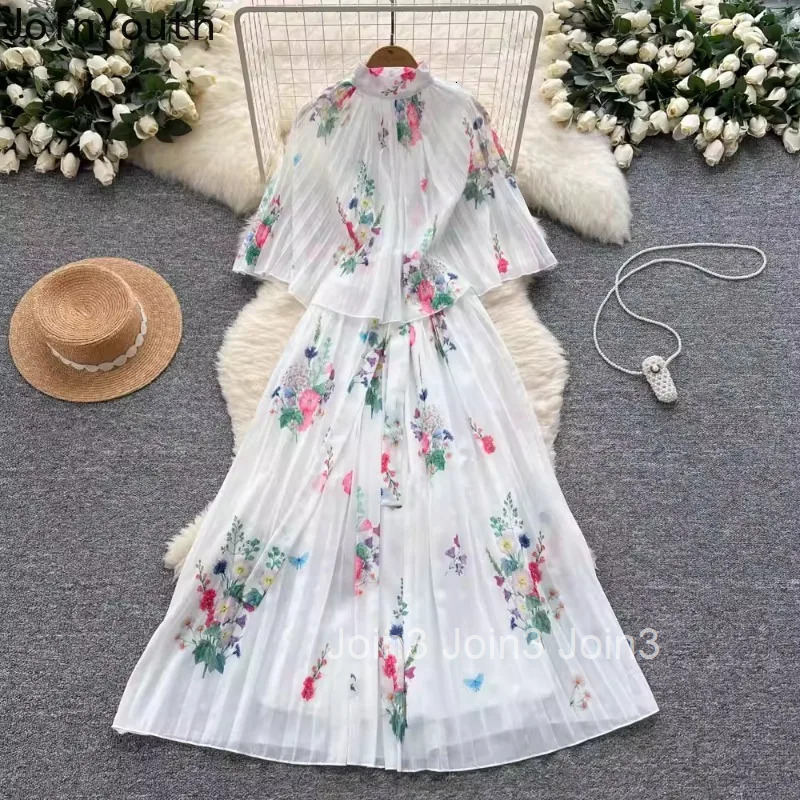 2025 Vestidos De Mujer Vintage Maxi Dresses for Women Slim Waist Bandage Temperament Floral Robe Femme Big Swing Pleated Dress