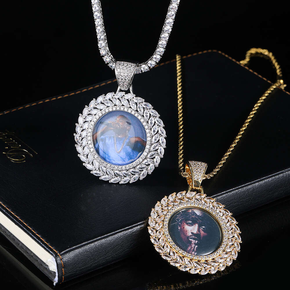 Hip Hop Wheat Spike Round Frame Trendy Brand Personality Copper Inlaid Zircon Commemorative Photo Pendant Necklace 3a6b