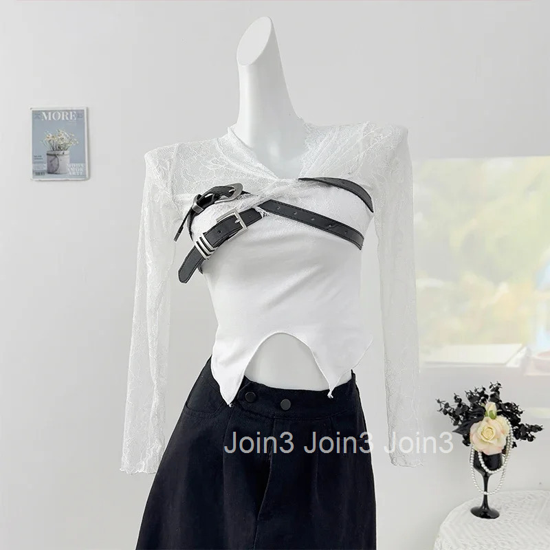 Crop Tops Tshirts for Women Long Sleeve Tunic White Tees Patchwork Lace Fashion Camisetas Hollow Out Sexy Korean Y2k T Shirt