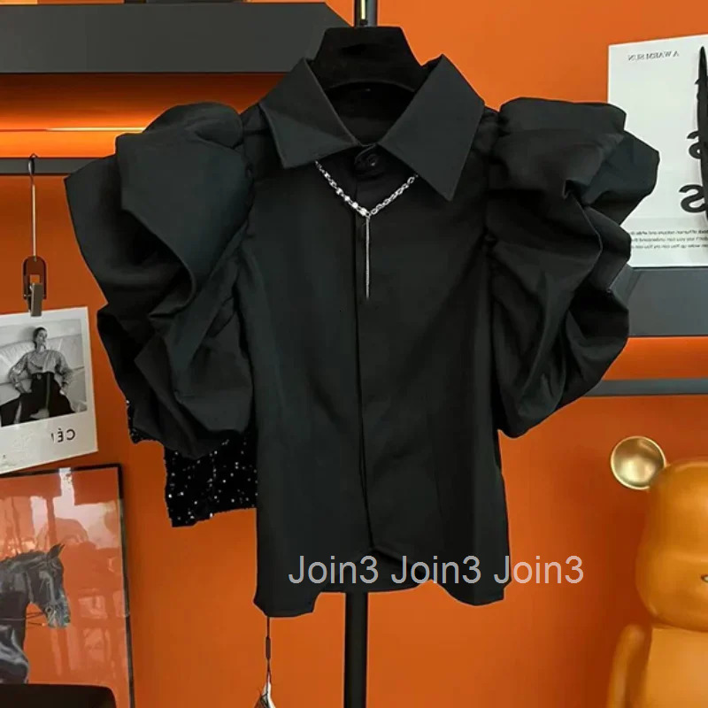 Temperament Women Tops Black Slim Fit Blouses Turndown Collar Puff Sleeve Chic Black Shirts Fashion Summer 2025 Camisas De Mujer