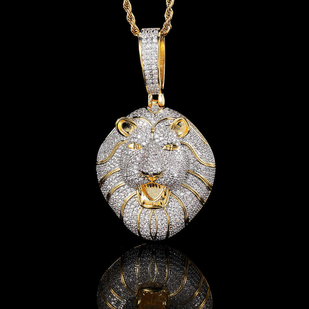 Micro Paved Zircon Solid Lion Head Pendant Real Gold Plated Trendy Hip Hop Men's Necklace Accessory 8aa1
