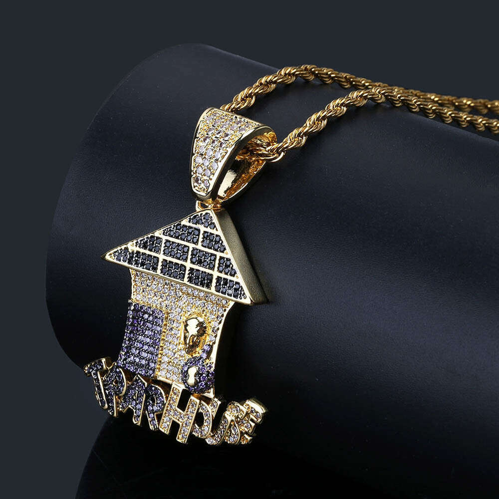 Fun Cute Cartoon Christmas House Colorful Micro Paved Zircon Pendant Unisex Hip Hop Trend Necklace