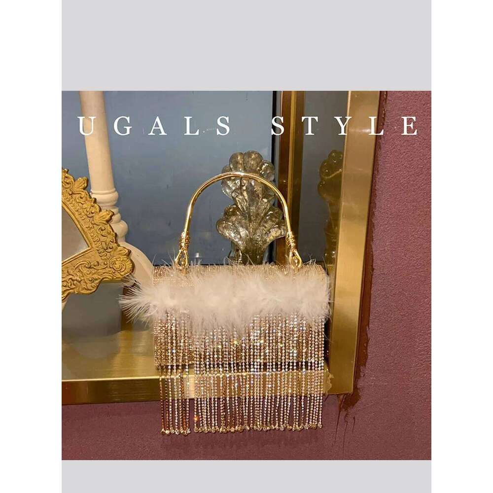 Designer Bag Rhinestone Evening Purses For Women Tassel Ostrich Feather Shiny Dinner Party Wedding Handbag Bucket Shoulder Bag