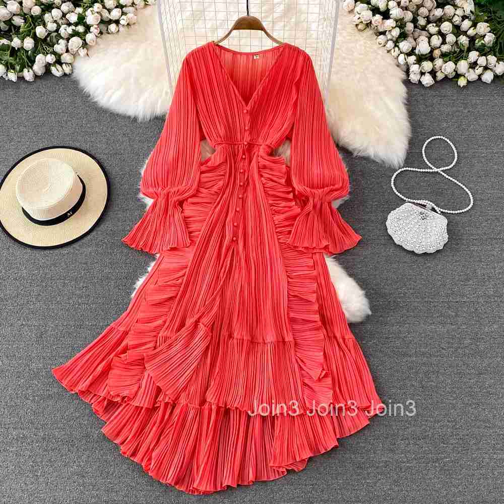 Maxi Pleated Dresses for Women Slim Waist Red Big Swing Robe Femme 2025 Vestidos De Mujer V-neck Ruffles Irregular Vintage Dress
