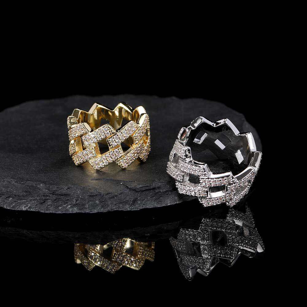 14mm Diamond-Shaped Cuban Real Gold Plated Double Row Zircon Trendy Hip Hop Men's Ring 8d34