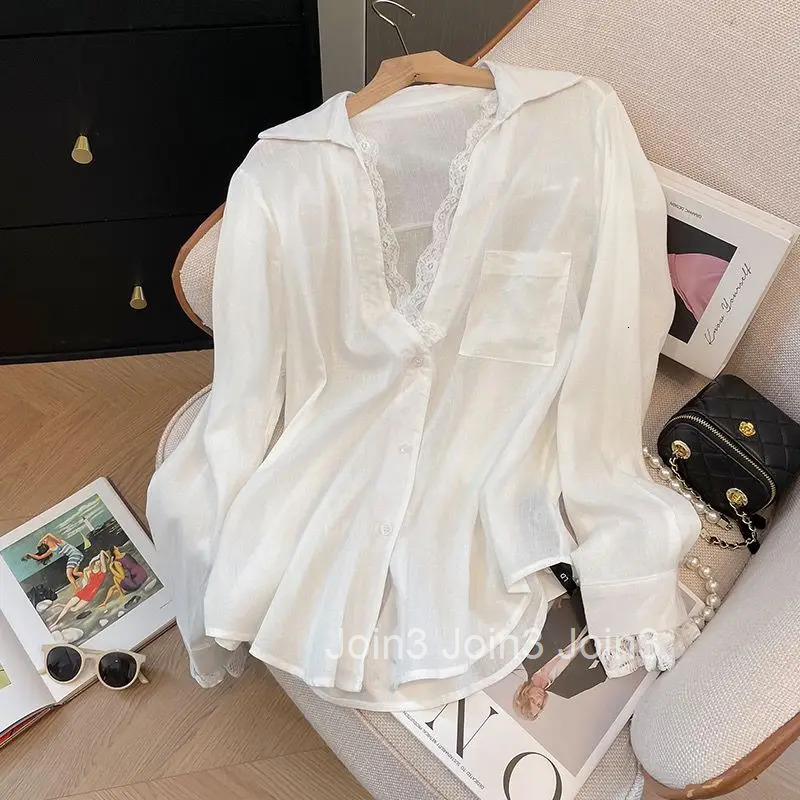 2025 Camisas De Mujer White Long Sleeve Blouses Womens Clothes Patchwork Lace Fashion Shirts See Through Oversized Sexy Tops