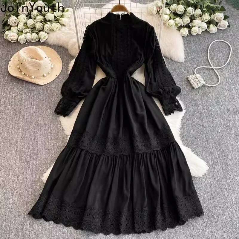 Korean Dress for Women 2025 Vestidos De Mujer Patchwork Lace Hollow Out Dresses Slim Waist Lantern Sleeve Temperament Robe Femme