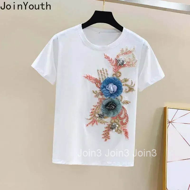 Women 2 Piece Outfits Embroidery Flower T Shirt High Waist Jeans Pants Sets Korean Fashion Woman Clothes Two Piece Trousers Set