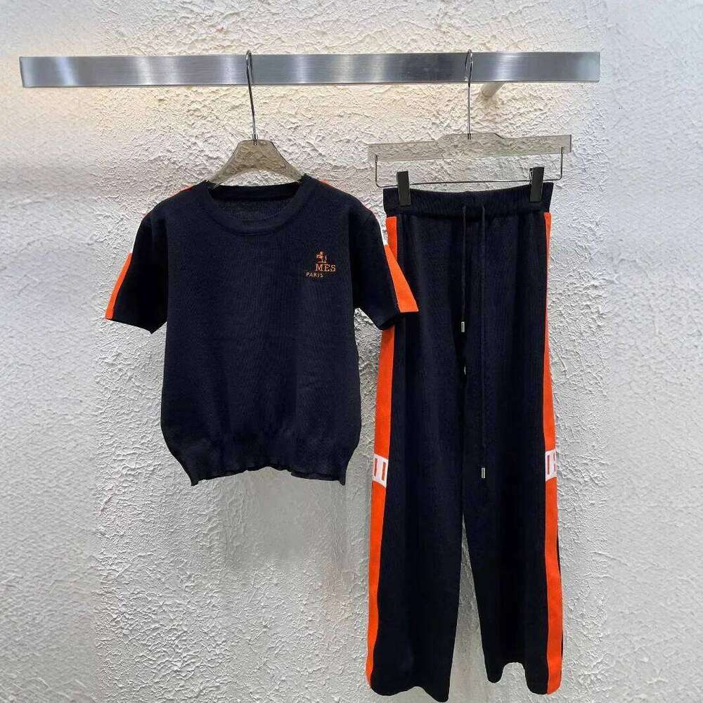 Designer Leisure High Quality Slimming Embroidered Knitted Set High Waist Wide Leg Pants Two Piece Women's Summer Fashion Outfit Imported Europea