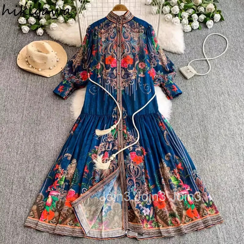 Elegant Pleated Woman Dress Women Clothing Stand Neck Lantern Sleeve Slim Waist Print Robe Femme Big Swing Vintage Maxi Dresses