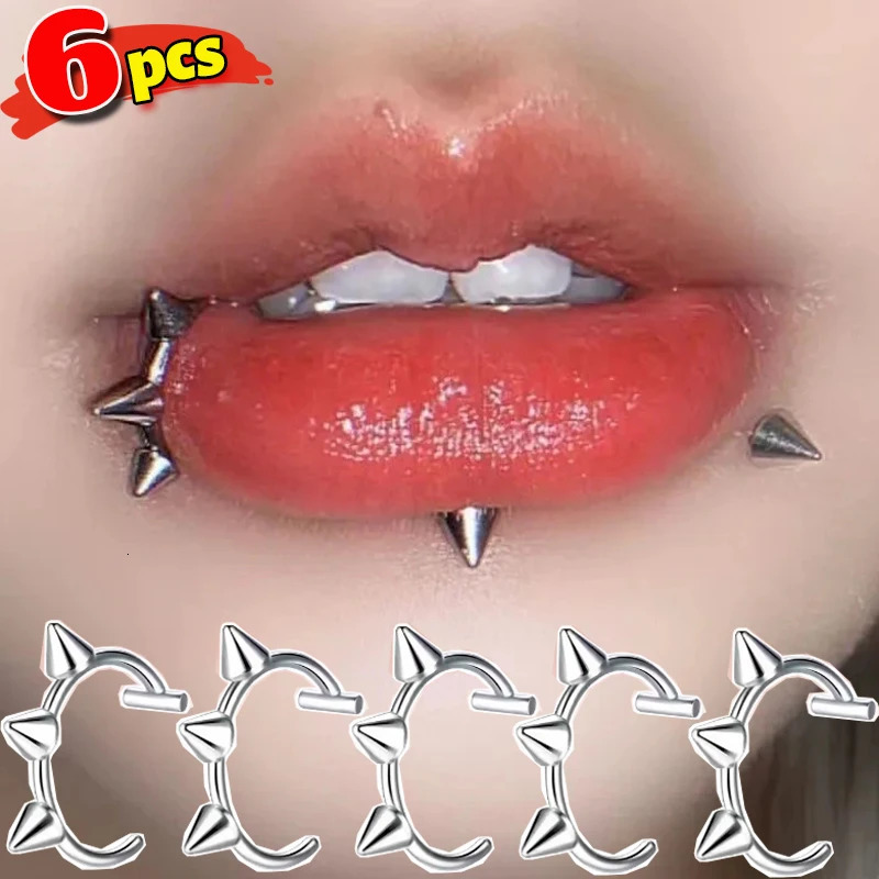 C Shaped Punk Nose Lips Rings Stainless Steel Lip Ring Rivet Clip on Non Body Piercing Hoop Ring for Women Men Non-Pierced 250617