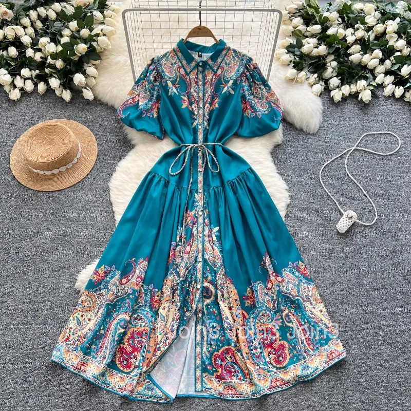 2025 Vestidos De Mujer Floral Short Sleeve Dresses Women Slim Waist Single Breasted A-line Robe Femme Vintage Summer Maxi Dress